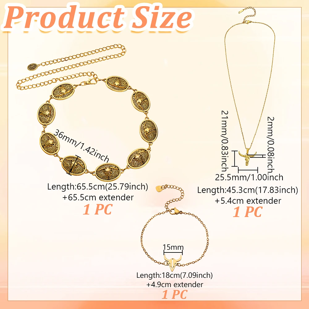 Cowgirl Jewelry Set 1Pc Western Belt Hat Band with 1Pc Stainless Steel Cattle Head Bracelets and Necklaces Adjustable Cowgirl