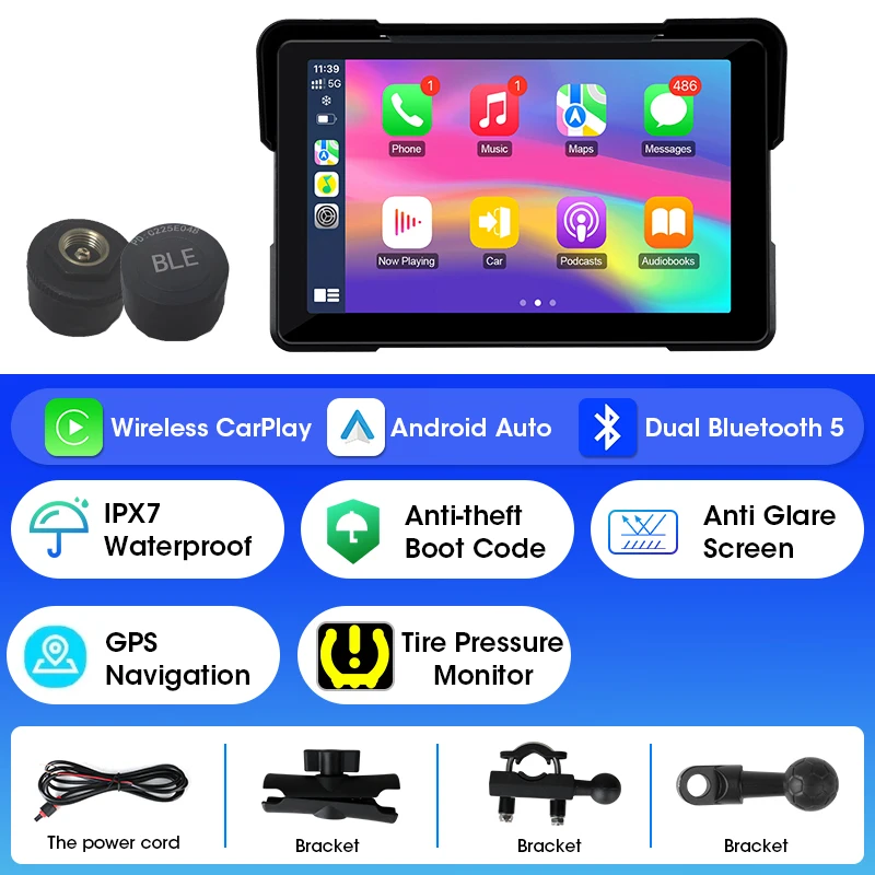 7-inch draagbare motorfiets GPS-navigatie IPX7 waterdicht LCD-scherm voor draadloze CarPlay Android Auto-ondersteuning DVR TPMS
