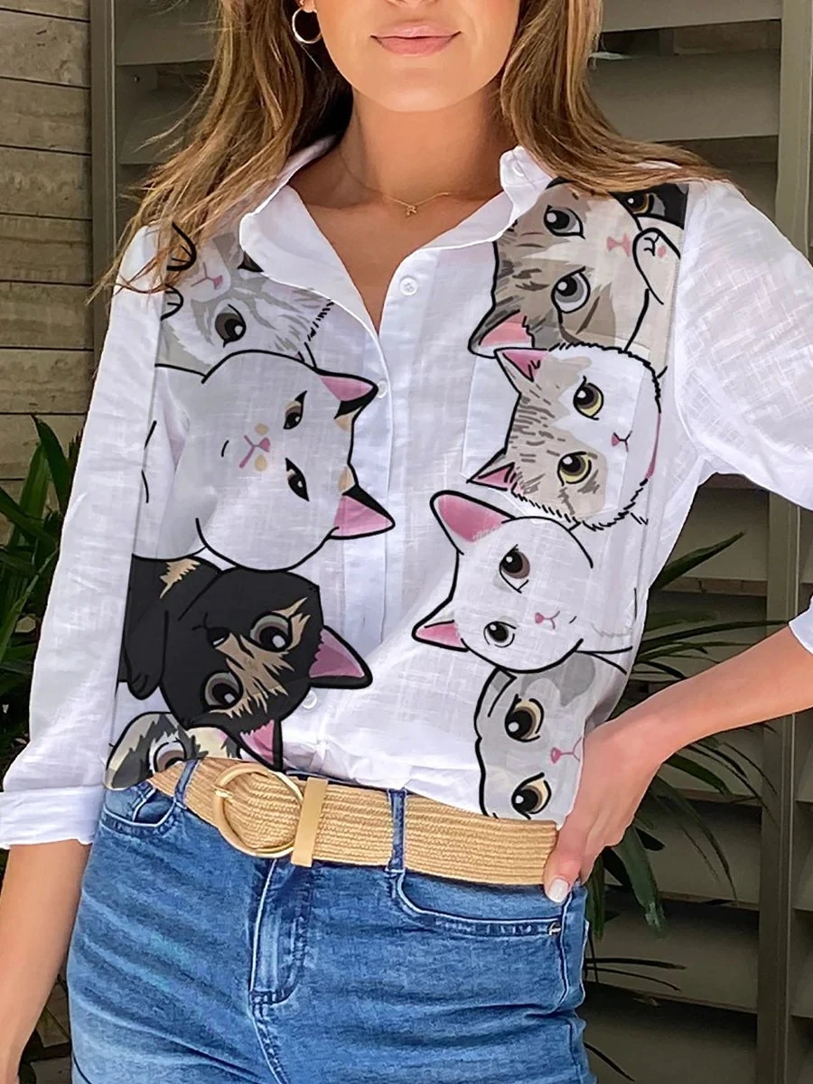 Dames Kat Schattige Kleur Art Casual Shirt 3d Bedrukt Button-Down Shirt Casual Unieke Streewear