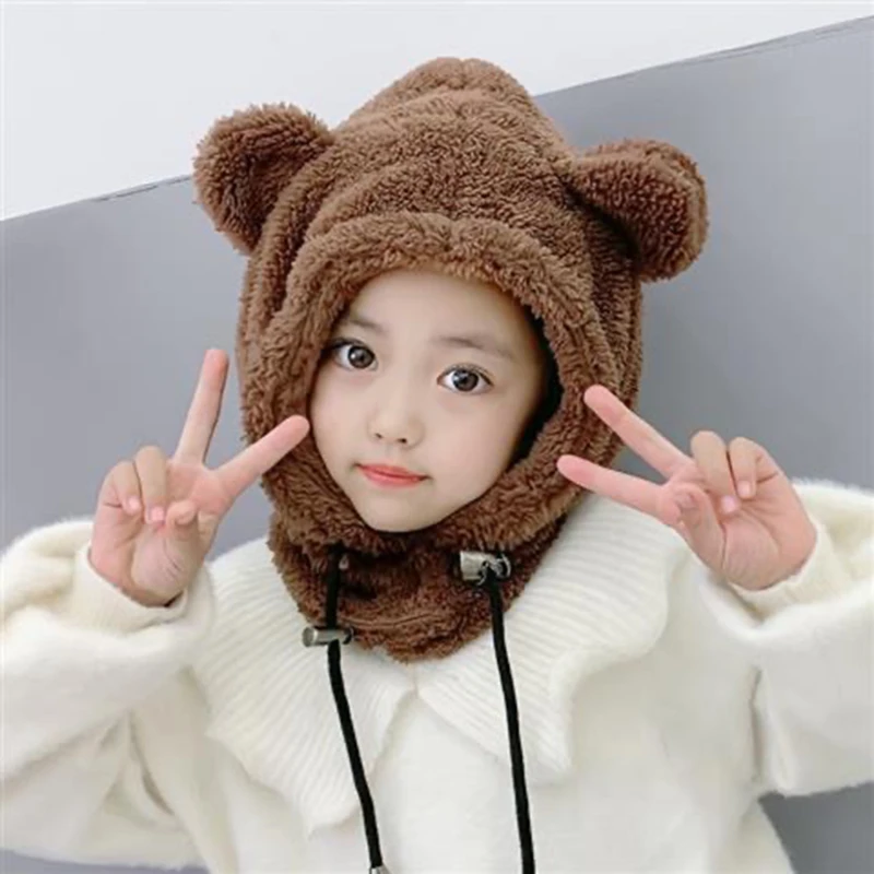 Plush Bear Balaclava With Ears Mask Hat With Earflaps Cute Children\'s Thicken Warm Winter Hats For Women Girl Bonnet Female Hood