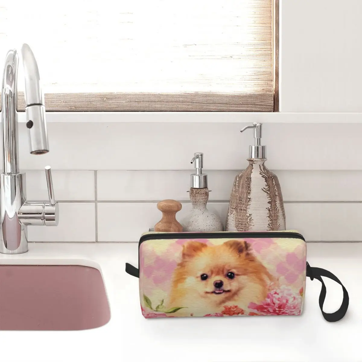 Cute Pomeranian German Spitz With Flowers Cosmetic Bag Kawaii Large Capacity Pet Dog Makeup Case Beauty Storage Toiletry Bags