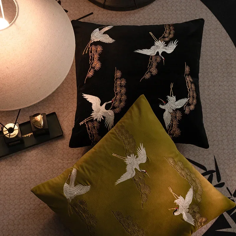 Brand Chinese Embroidered Cushion Cover Japanese Pillowcase Home Decor Living Room Sofa Pine Crane Pillow Covers Decorative
