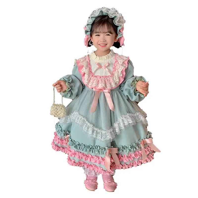 Spring Autumn New Spanish Vintage Lolita Ball Gown Bow Mesh Design Birthday Party Easter Princess Dresses for Girl