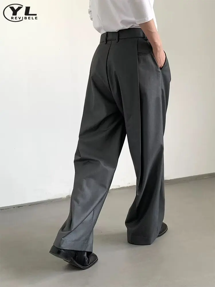 Grey Casual Suit Pant Men Spring Summer Solid Color Baggy Fold Straight Wide Leg Pants Male Japanese Fashion Vintage Trousers