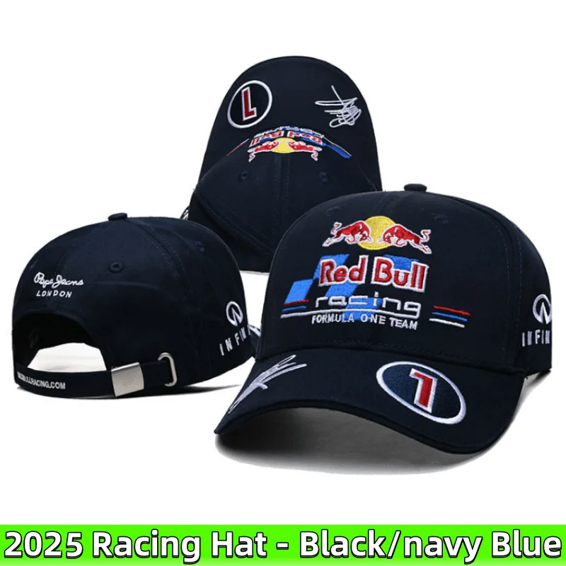 2025 Red Bull Racing Hat Fashion Neutral Embroidered Red Bull Baseball Hat Fashion Outdoor Red Bull Hat/Color: Black - navy blue