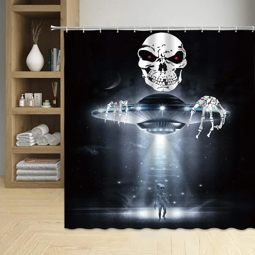 Skull Attack Ufo By Ho Me Lili Shower Curtain Halloween Alien Spaceship Sci Fi Theme Decor Fabric Bathroom Set Hooks Included