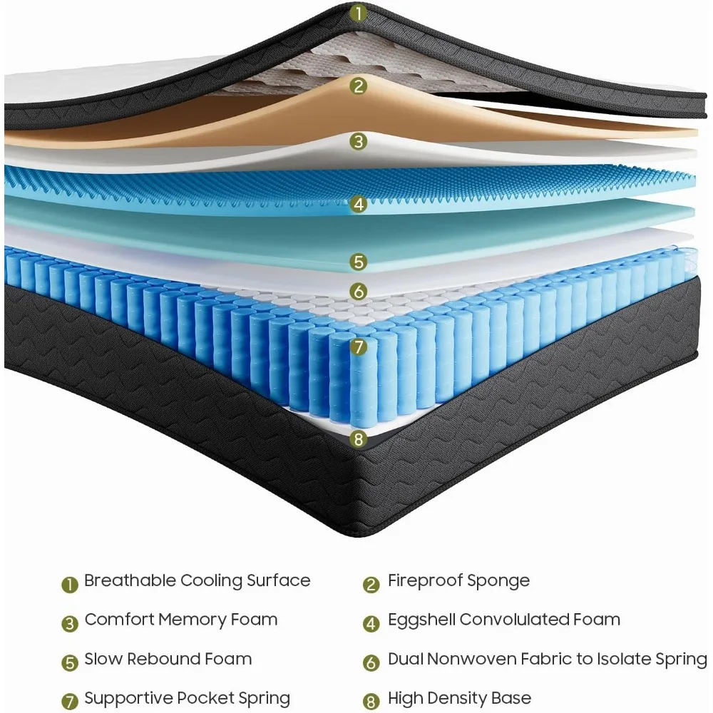 مرتبة كوين، مرتبة مقاس 10 بوصة مقاس كوين، مرتبة هجينة في صندوق، رغوة الذاكرة ودعم ثابت متوسط، Oeko-TEX & CertiPUR-US