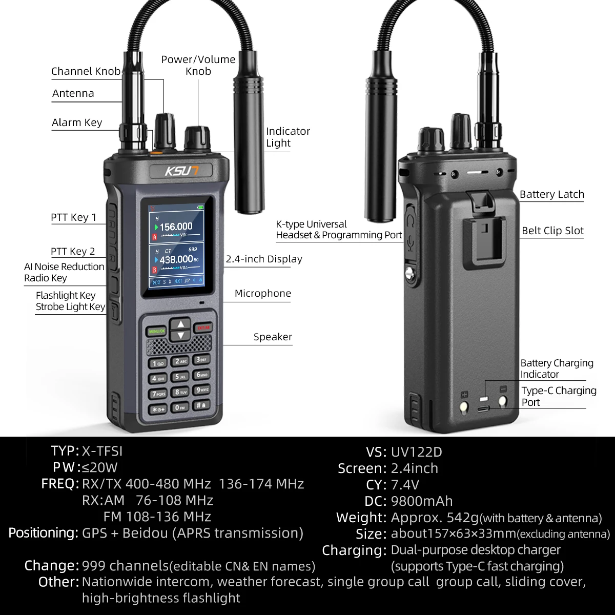 KSUN Walkie Talkie One-click frequency tuning, 999 channels APRS position sending (Beidou + GPS) AM Long Range Multi-Band Radio