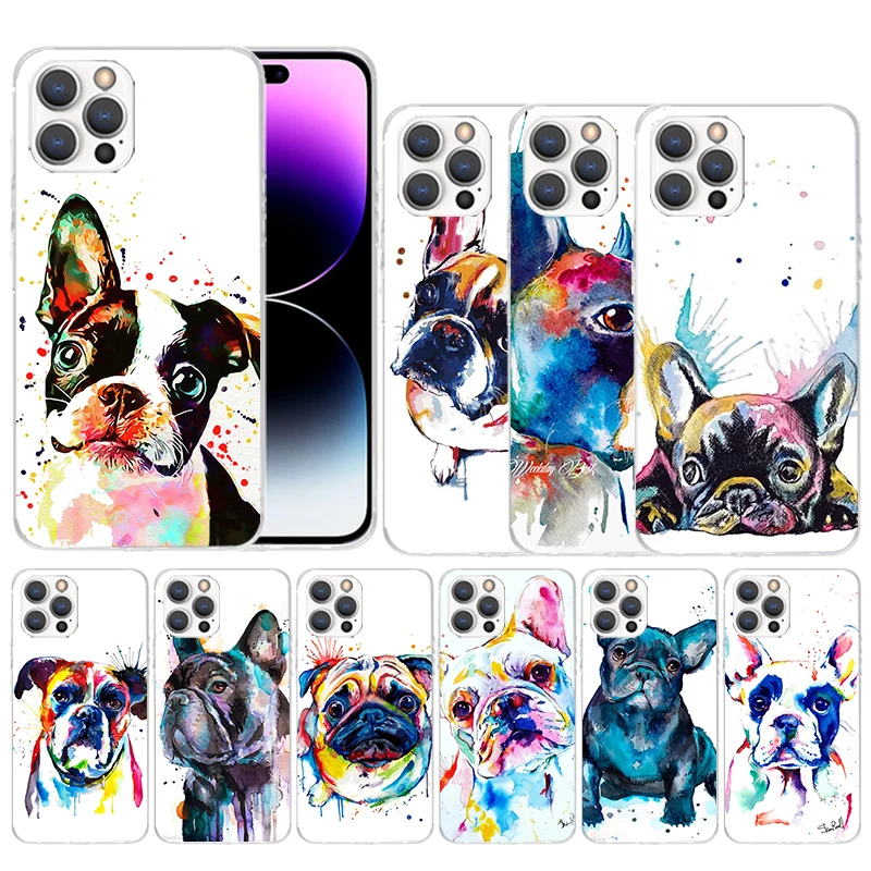 Capa de Celular Estampada com Padrão de Bulldog Francês e Pug para iPhone 16, 17, Air, 15, 14 Pro Max, 16E, 17E, 13 Mini, 12, 11, 7, SE