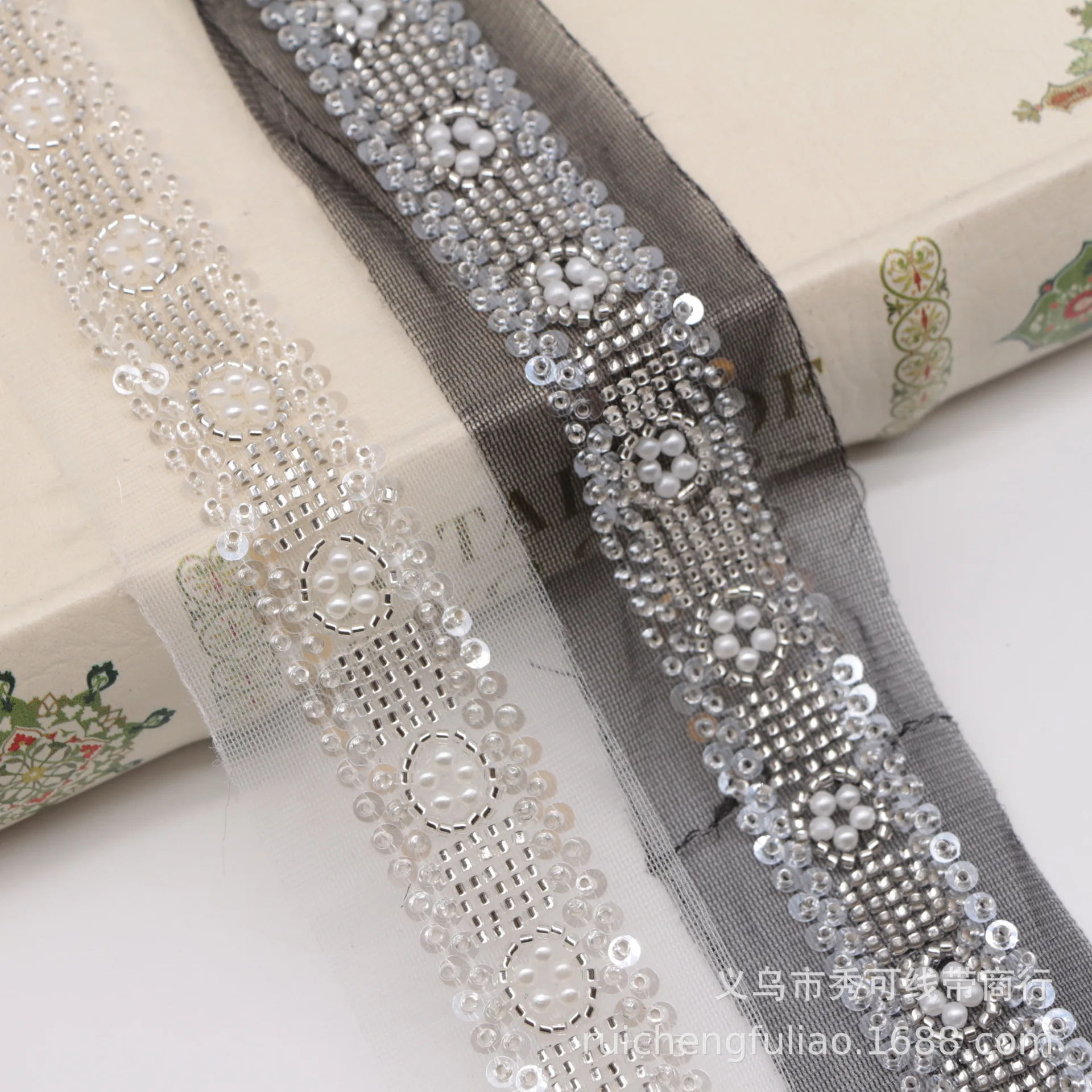 

Mesh Handmade Beaded Lace Trim Clothing Accessories Pearl Sequin Lace Trim Shoe Hat Bag Decoration Accessories