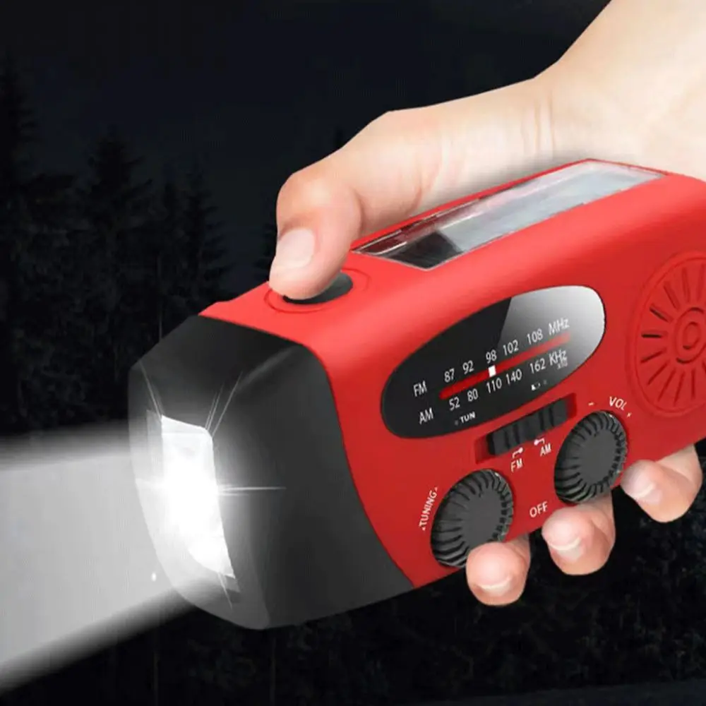 Tragbares Solar-FM-Radio, USB-Aufladung, 2000 mAh, AM/FM-Wetterradio, Handy-Aufladung, rote Handkurbel-Generatorbeleuchtung