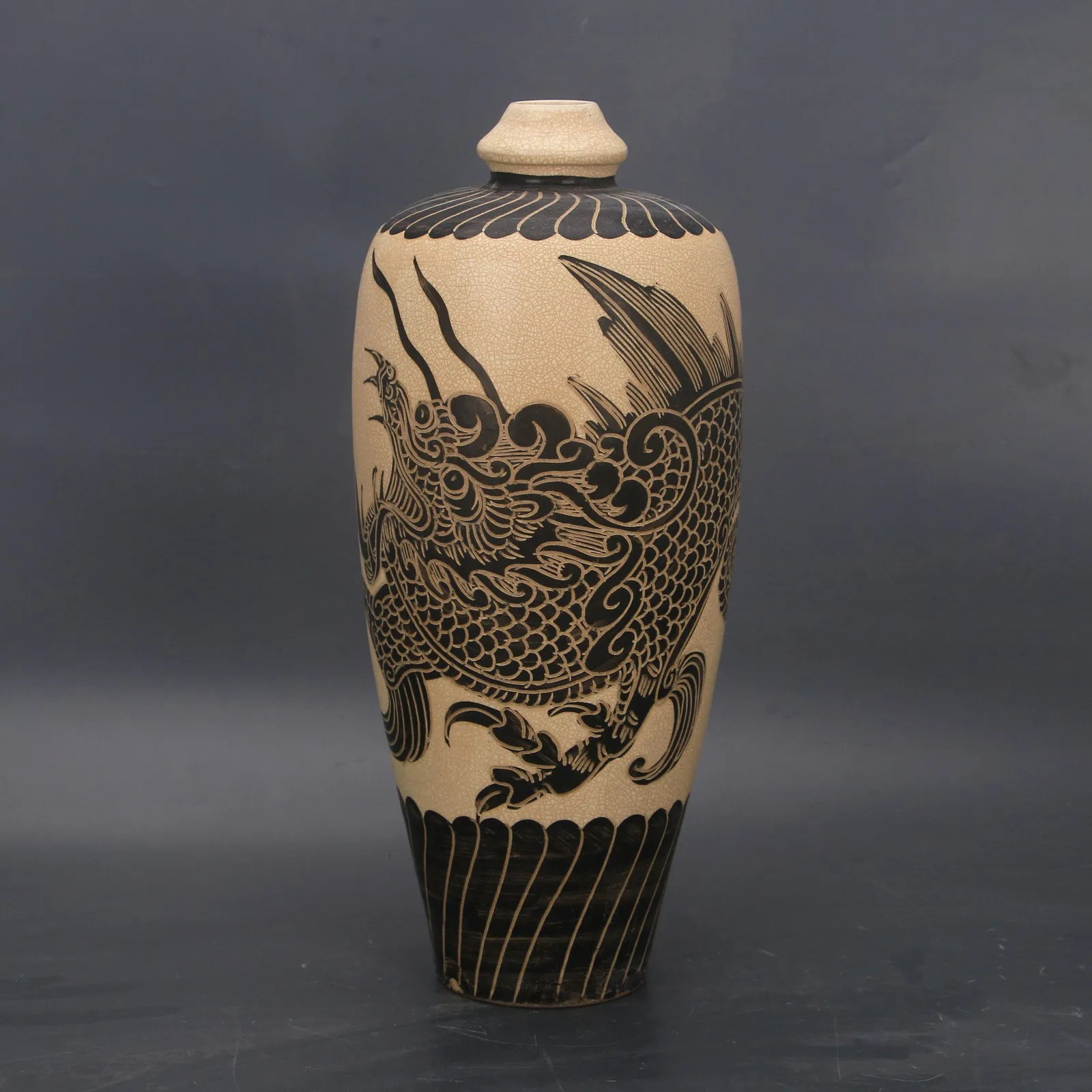 Chinese Brown Porcelain Vase Song Cizhou Kiln Black Dragon Design 12.6 inch