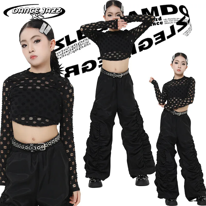 

Kids Cool Hip Hop Dance Costume Black Hollow Top Cargo Pants For Girls Jazz Dance Kpop Outfits Children Street Wear XS11237