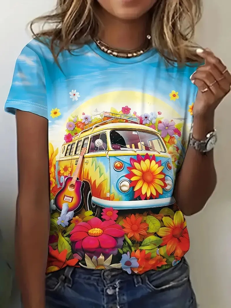 Camiseta de manga curta feminina, estampa de carro de desenho animado, top tamanho grande, roupas populares, moda, blusa redonda, engraçado, novo, 2024