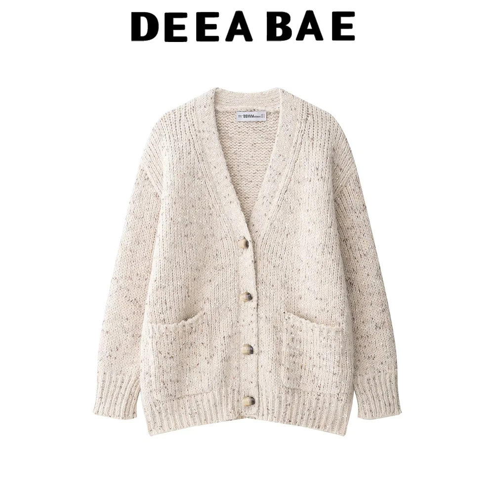 

DEEABAE 2025 autumn new product sweet and lazy style V-neck long sleeved small dot knitted loose cardigan jacket for women