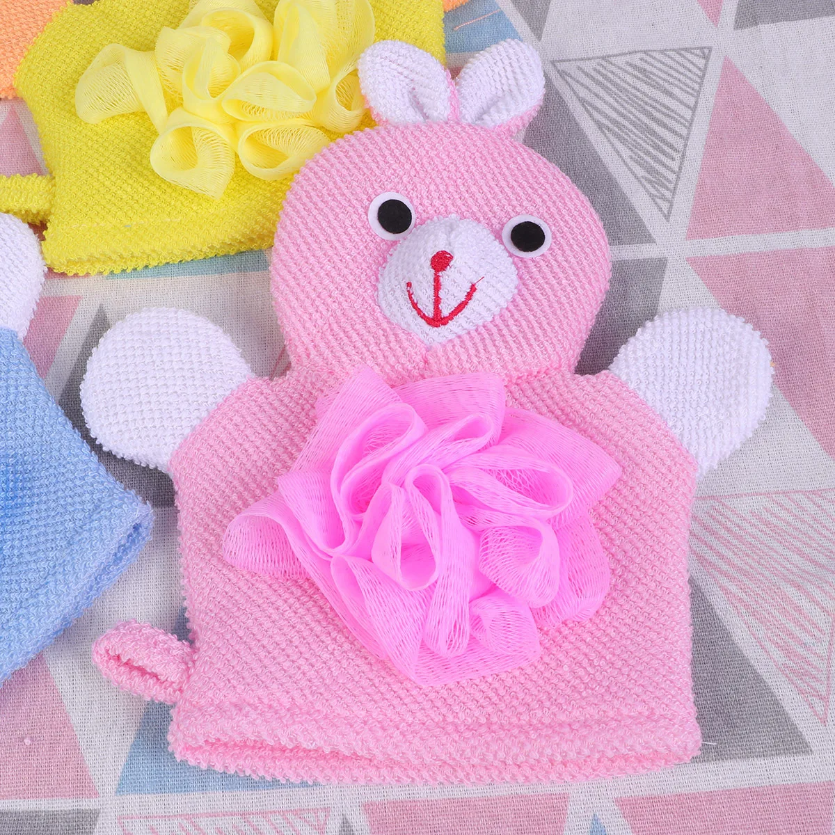 3 قطعة قفازات حمام التقشير دش الكرتون الحيوان نمط المزدوج الجانب منظف الجسم إسفنجة لينة الألياف أصفر أزرق وردي