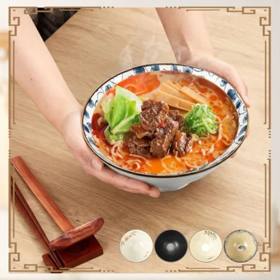 40oz Ceramic Japanese Ramen Bowls Set of 4, 8 Inch Deep Asian Pho Udon Soup Noodle Bowls with Chopsticks, Spoons and Chopstick