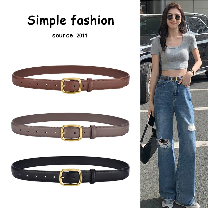 2.8cm Genuine Leather Thin Belt For Women's Leisure Travel High-Quality Loose And Narrow Black Khaki Small Needle Buckle Belt