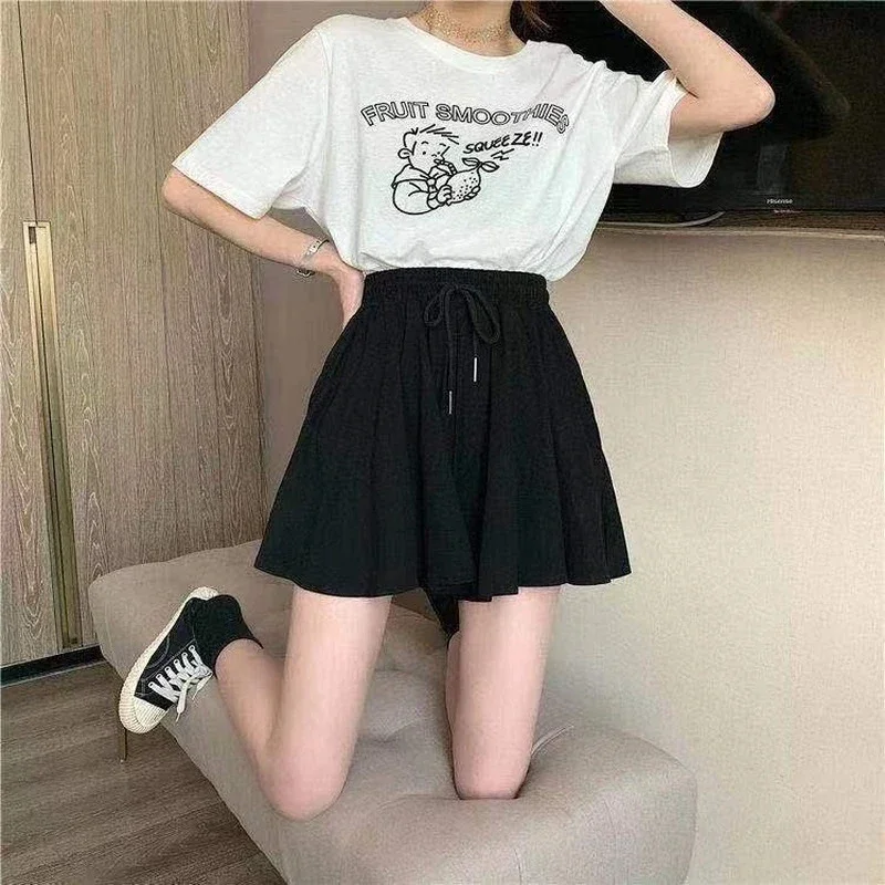 3Xl Summer Shorts Skirts Women Elastic High Waist Casual Wide Leg Shorts Korean A Line Loose Mini Skirt Black Short Pants