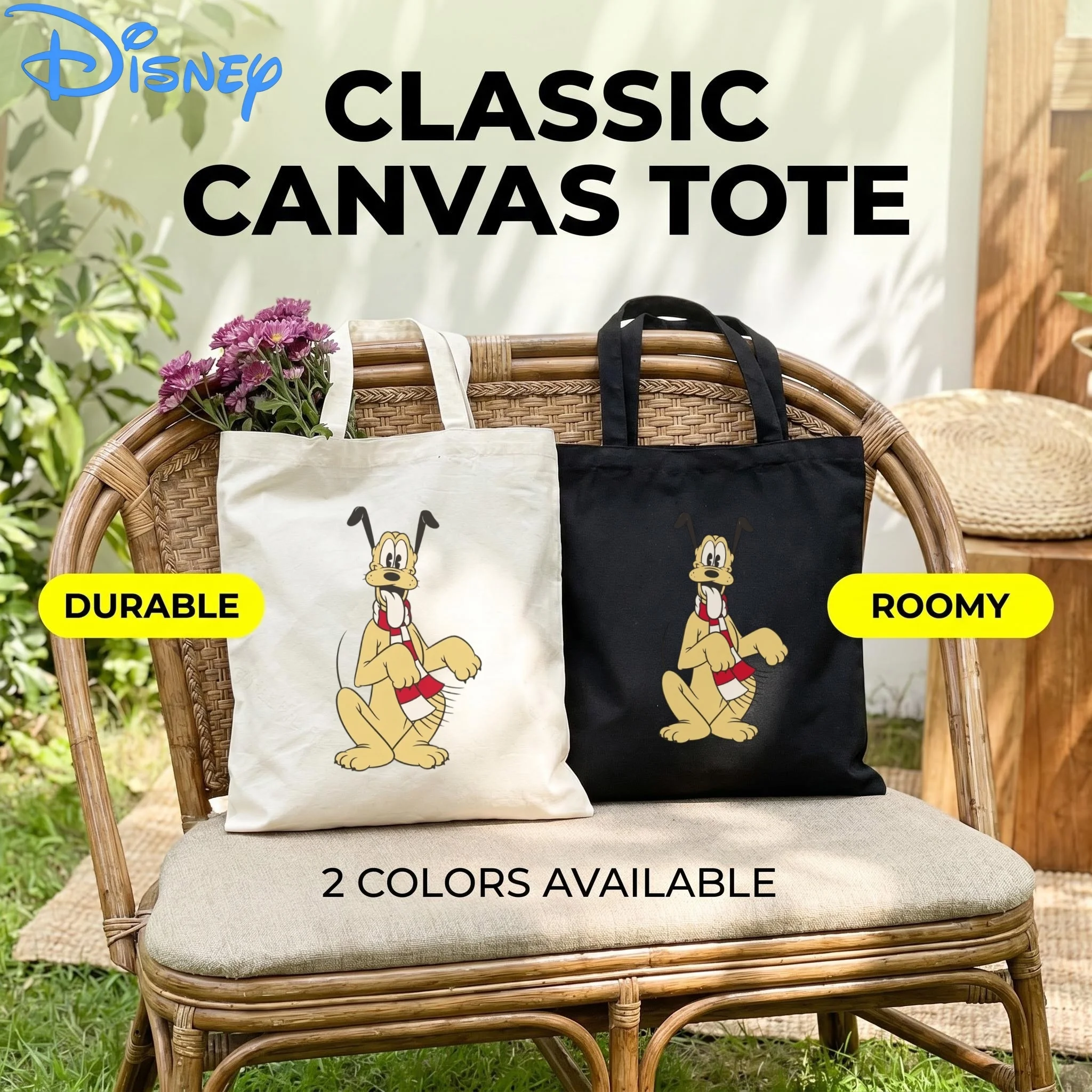 

1PC Disney Scarf Pluto Dog Canvas Tote Bag, Classic Yellow Pluto With Red White Scarf Eco Shopping Shoulder Bag