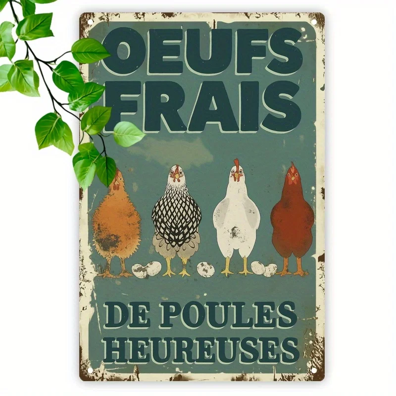 

Vintage French Farmhouse Chicken Metal Sign Rustic Teal Green & Brown Vintage Farm Decor "Oeufs Frais" (Fresh Eggs) - Easy Hang