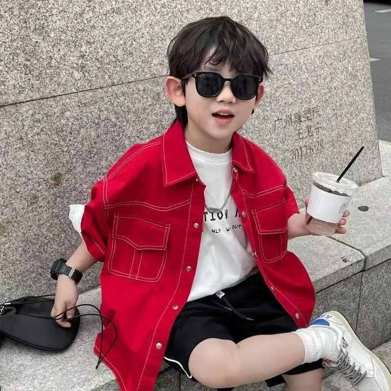 Boys' Loose Fit Japanese Style Short Sleeve Summer Shirt 2026 New Release Red Casual T-Shirt for Kids 100-150cm