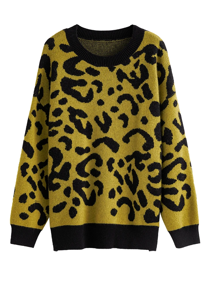 DUSHU 30.4% Wool Round Neck Leopard Print Sweatshirt Women Winter Warm Drop Sleeve Loose Sweaters Women Chic Knitting Pulovers