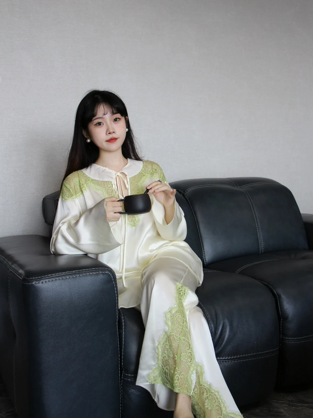 silk-sleepwear-set-for-women-lace-splicing-pure-desire-ice-silk-home-clothes-long-sleeve-round-neck-gown-with-belt