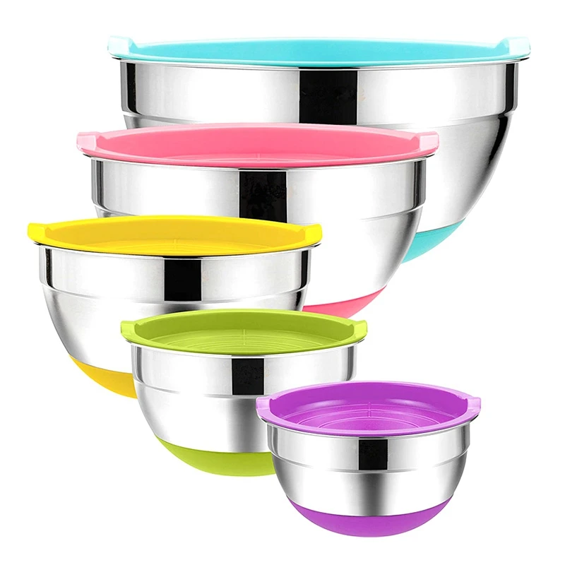 5Pcs Stainless Steel Mixing Bowls 18-26cm Diameter Metal Nesting Bowls with Colorful Airtight Lids Non-Slip Bottoms