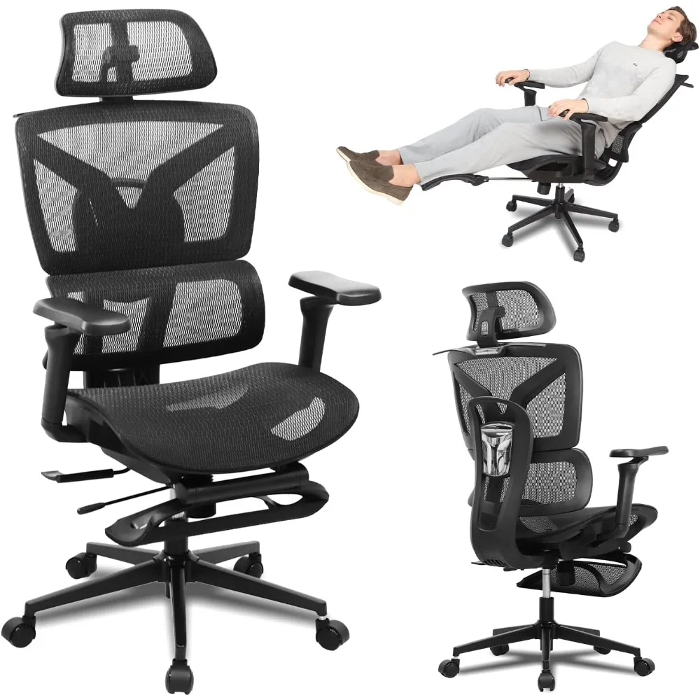 

ergonomic office chair with footrest, 5d adjustable armrests, comfy swivel rolling mesh computer desk chair with lumbar support,