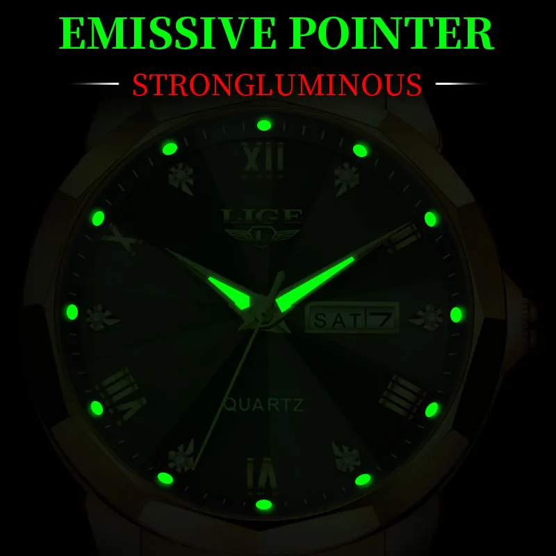 LIGE Creative Golden Stainless Steel Quartz Watches Women Fashion Waterproof Week Date Ladies Watch Simple Watch Gift For Women