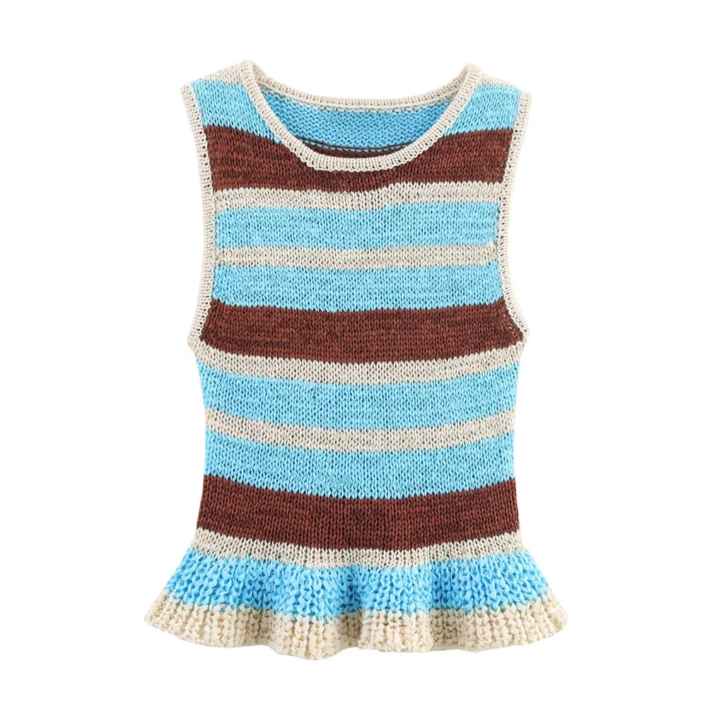 

women's layered decoration color blocked striped sleeveless knitted vest summer new fashion round neck top