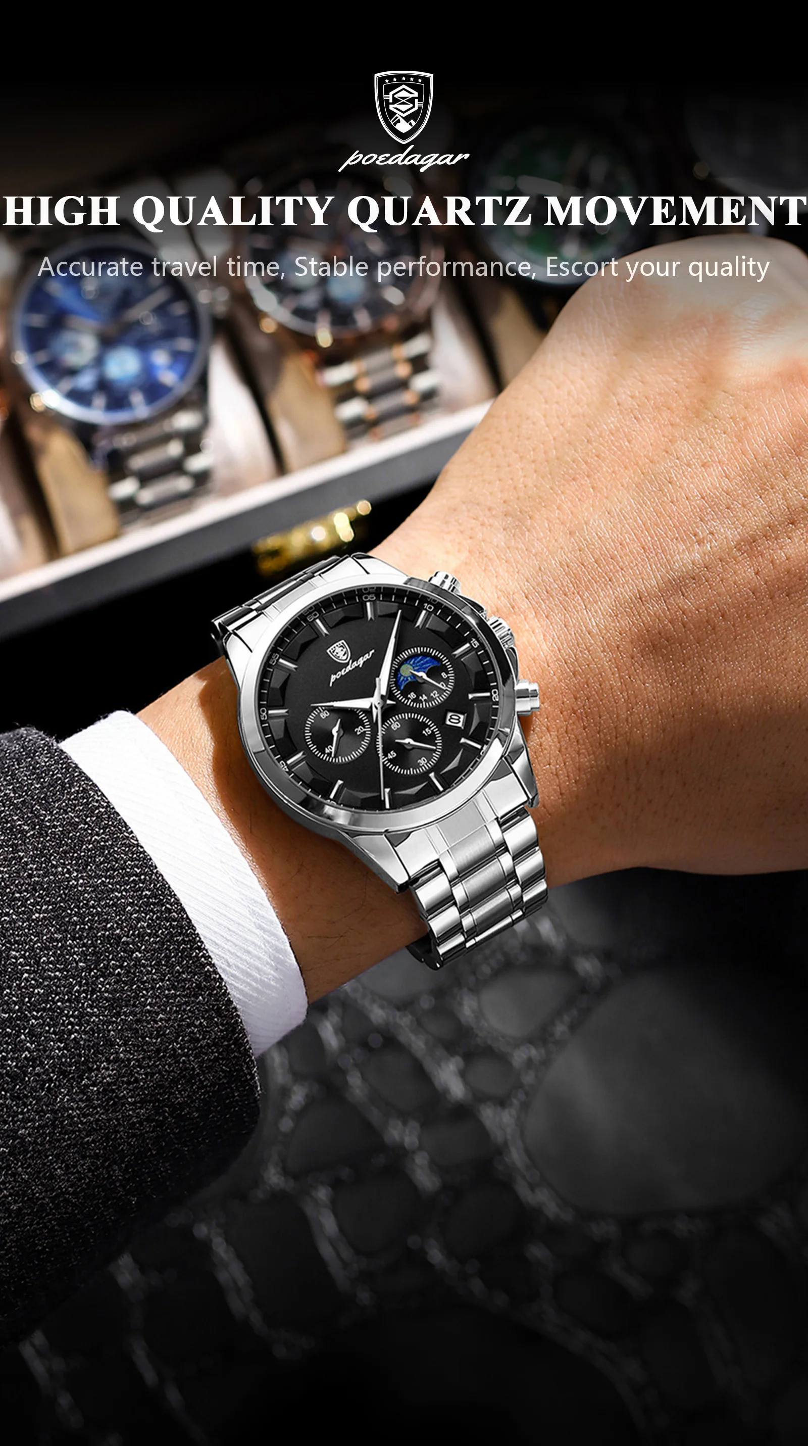 POEDAGAR Herrenuhr Wasserdicht Leuchtend Edelstahl Mode Herrenuhr Chronograph Datum Quarz Business Herrenuhren – Detail 3