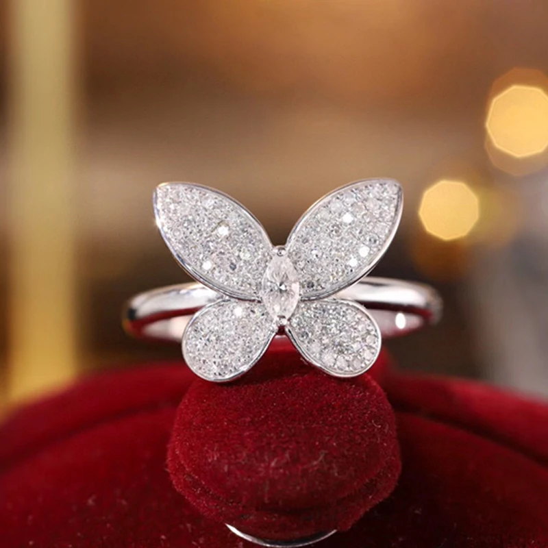 Aazuo 18K Solid White Gold Real Diamond 0.35ct H SI Luxuly Butterfly Ring Gifted For Woman Deluxe Banquet Fashion Jewelry Au750