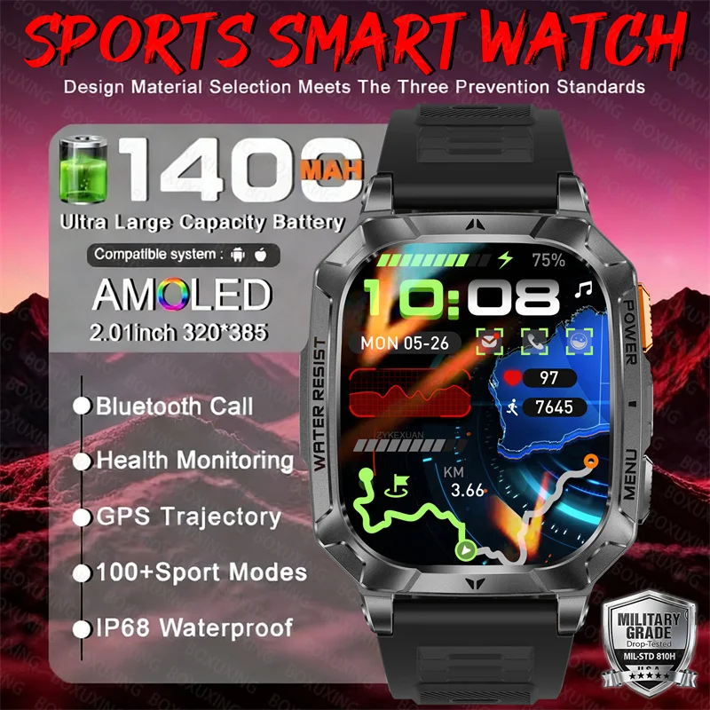 

1400mAh Battery Military Outdoor Sports Smart Watch Men Fitness Clock 2.01" HD AMOLED Screen SOS Flashlight Call IP68 Waterproof