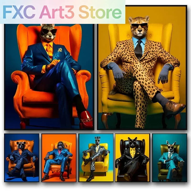 Rahmenlos, lustige, elegante Tiere, cooler Gepard, Gorilla, Zebra mit Anzug, Pop-Wandkunst, Poster, Druck, Leinwandgemälde für Wohnzimmer H