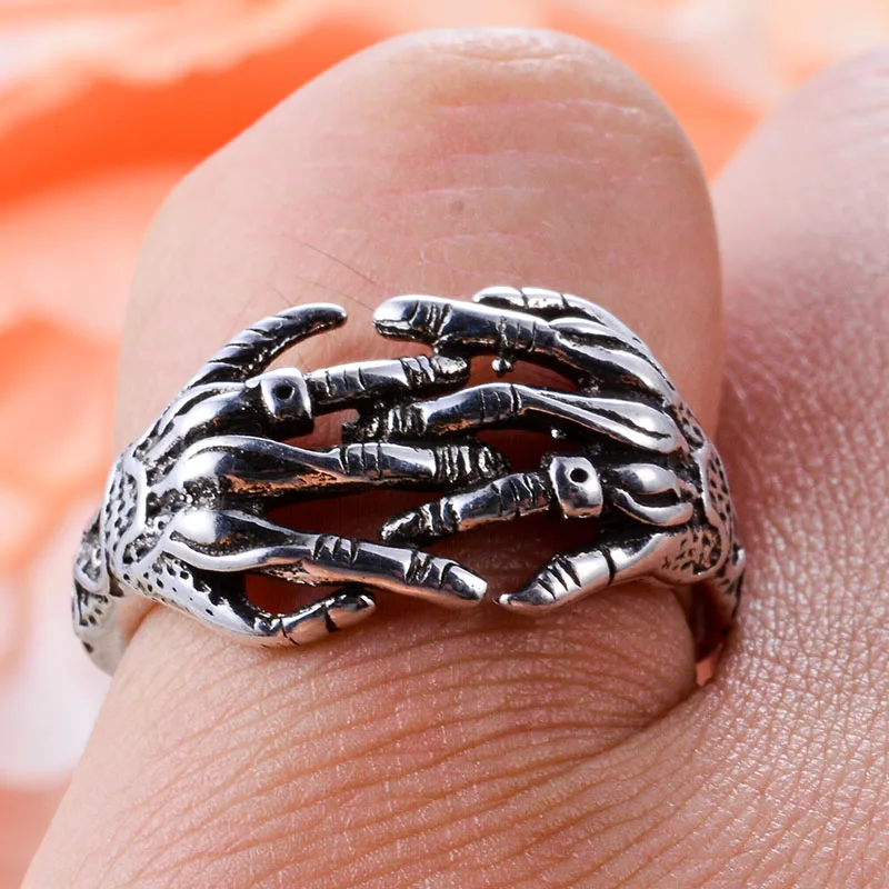 New Arrival Personality Skeleton Hand Retro Thai Silver Female Rock Hip Hop Rings For Women Party Gifts No Fade view 6