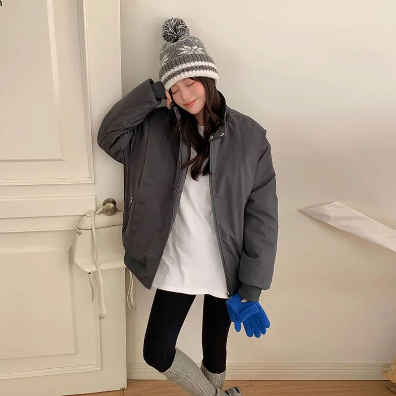 

Parkas Womens Cortos Autumn Woolen Pressed Buttoned Snap-Button Waist-Cinching Stand-Collar College Daily Artistic Simple Tender