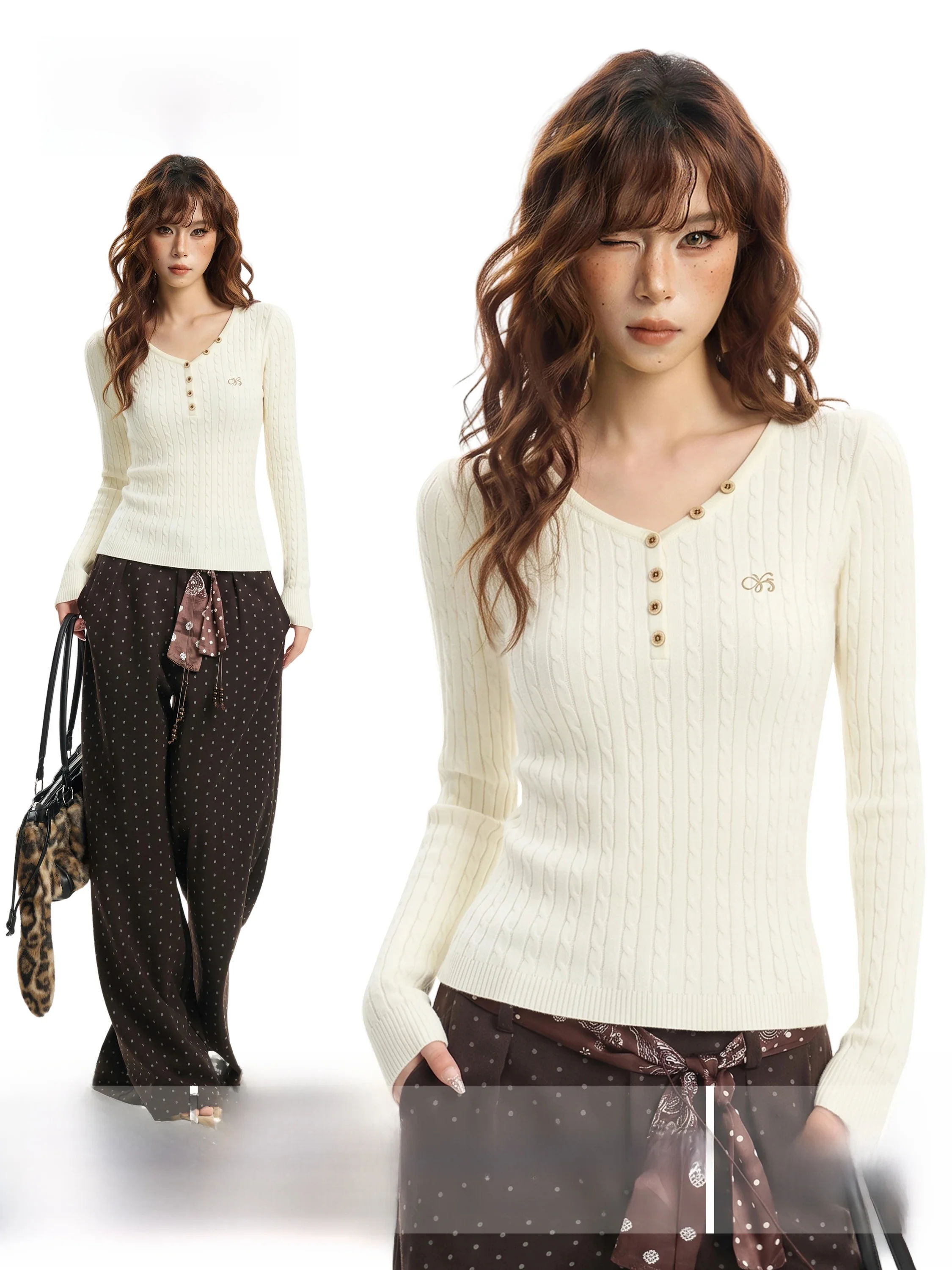 White Knitted V-Neck Long Sleeve Short Bodycon Top for Women Autumn Winter Fashionable Inner Wear Base Shirt Design Sense