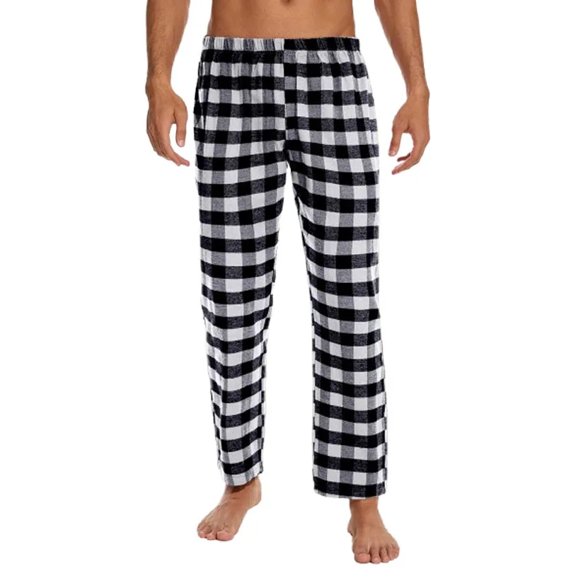 Men\'s fashion casual pajama trousers soft and comfortable loose elastic waistband plaid comfortable straight home leisure trouse