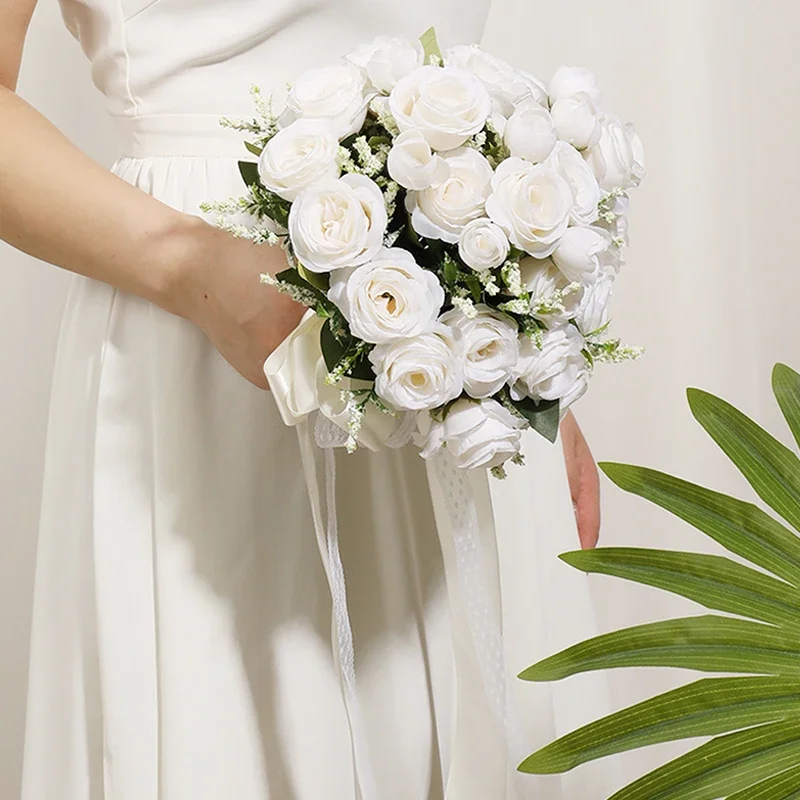 Ramo de novia de rosas blancas, ramo de lanzamiento para ceremonia de boda, aniversario, despedida de soltera, decoración de mesa de comedor, fiesta de boda, 1 ud.