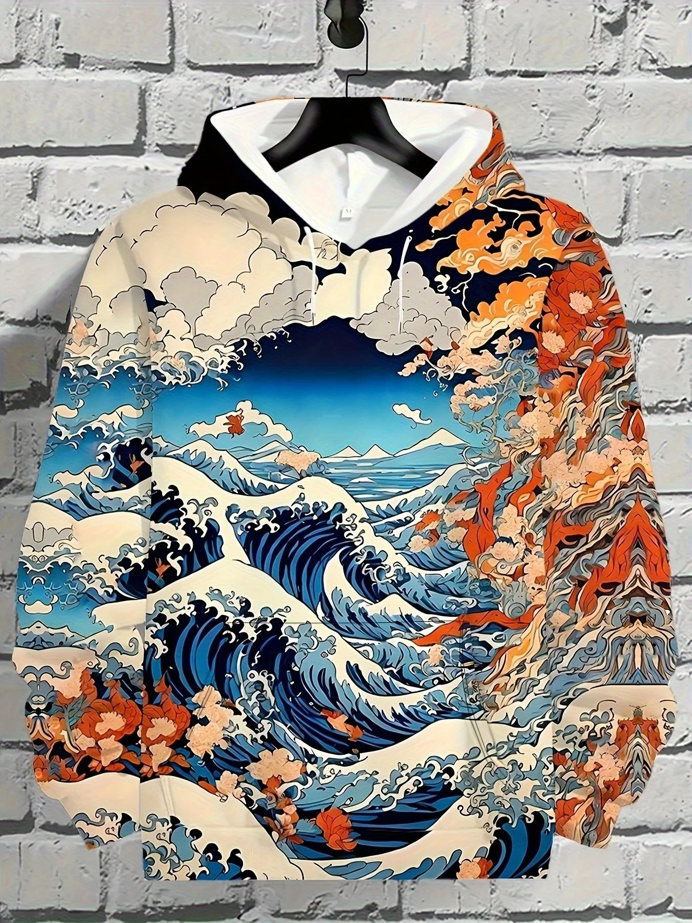 3D Full Print Ukiyo-e Wave Koi Hoodie Men Japanese Ocean Scenery Graphic Drawstring Loose Casual Hooded Sweat Top