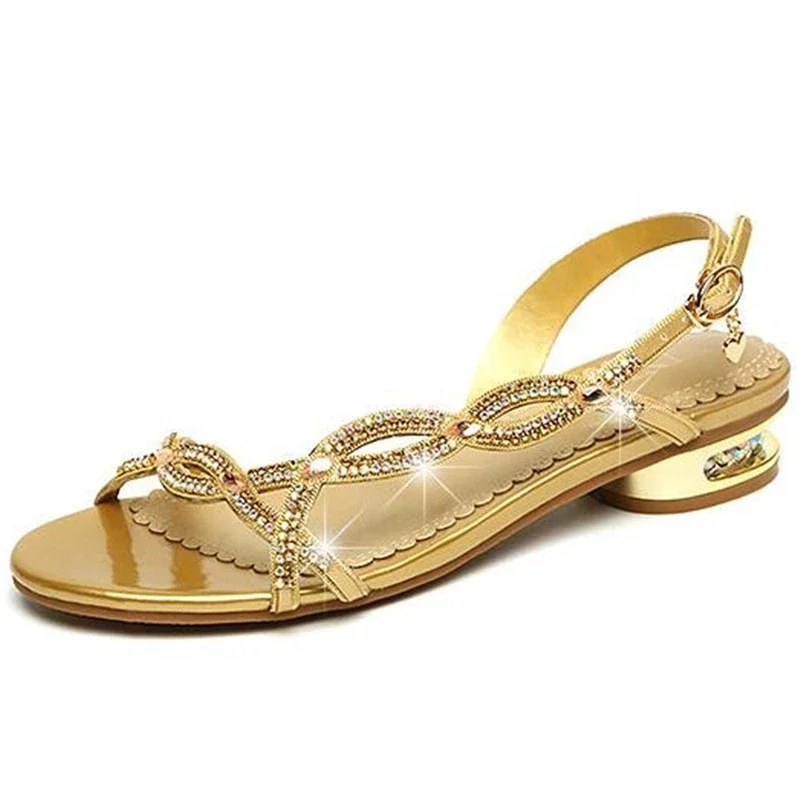 MVVJKEHot Temperament Elegant Rhinestone Sandals Summer Low Heel Shoe 2021New Open Shoes Rhinestone Fashion Sandals Women Sandal