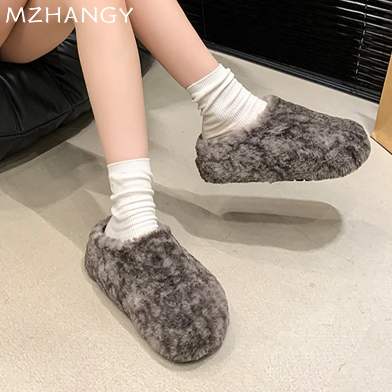 Frauen Pelz Wohnungen Baumwolle Hausschuhe Winter Casual Baumwolle Schuhe Frau 2025, Trend Mode Slingback Warme Gemütliche Schnee Stiefel Flip-Flops