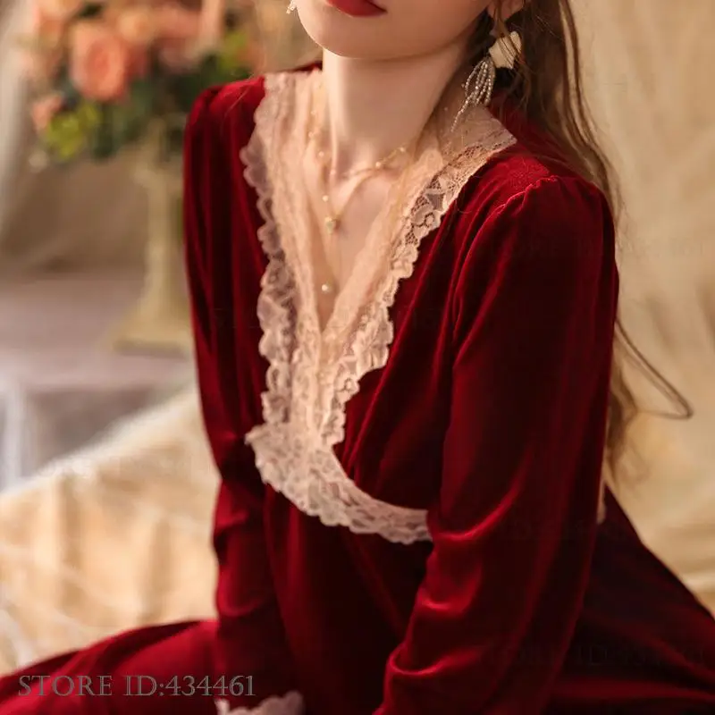 

Burgundy Velvet Women Nightgown Sexy Lace Trim Nightdress Lingerie Autumn Winter New Sleepwear Home Clothing Loose Loungewear