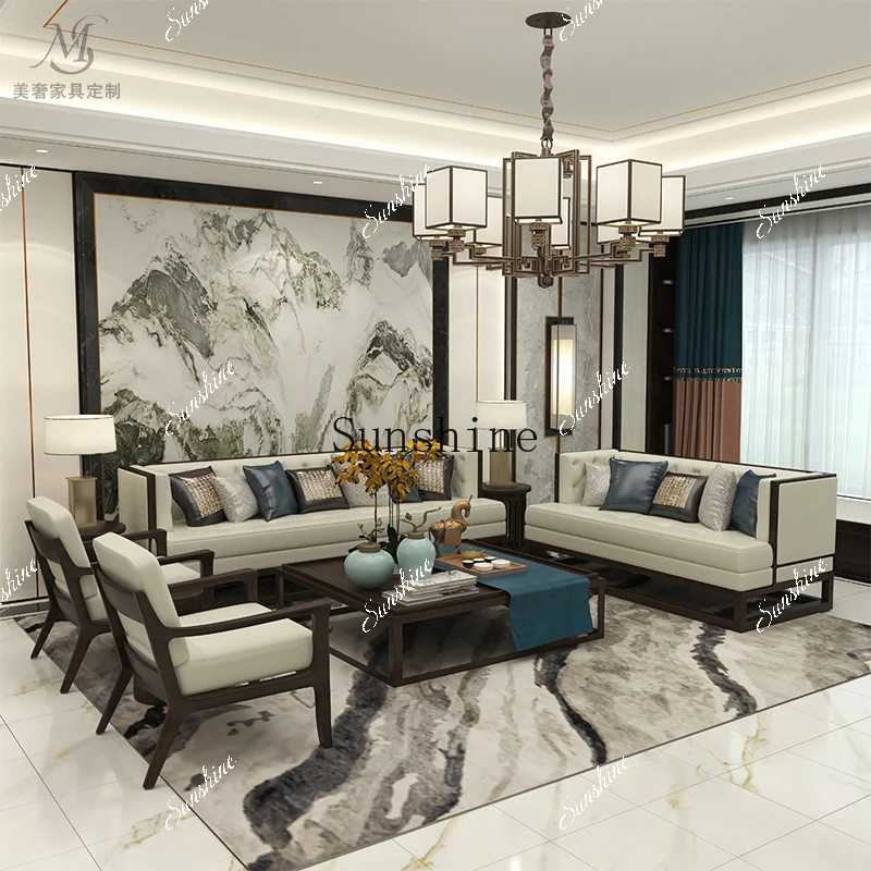 New Chinese Solid Wood Sofa Sales Office Hotel Clubhouse Tea House Reception Card Seat Combination Furniture Customization  FT