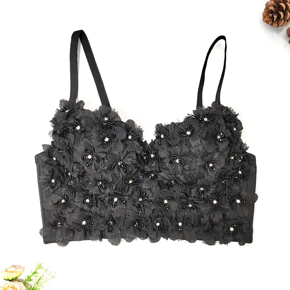 SXTHAENOO Stereoscopic Flowers Decor Women Cute Sexy Spandex Crop Top Spaghatti Strap Bustier Summer Inside Cami Corset Bralette