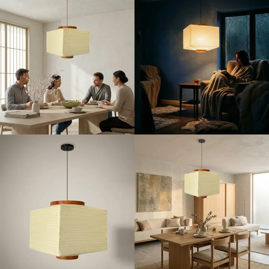 

Paper Lantern Lamp Japanese Style Pendant Light - Off White Rice Hanging Paper Lamp Shade with Cord 11.5 Hardwired Square (Ceil
