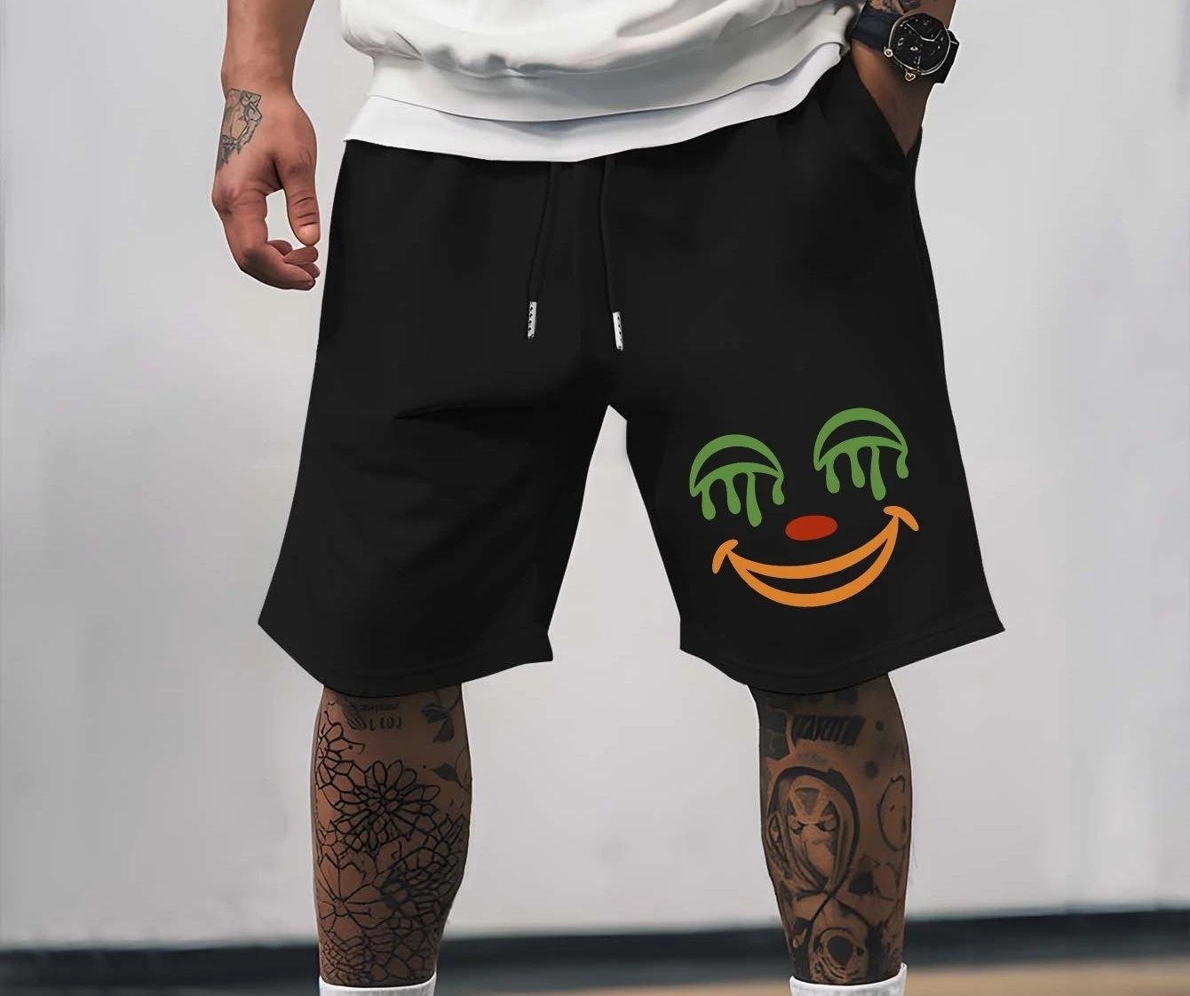 

Men's Summer Casual Shorts with Fun Clown Face Pattern, Elastic Drawstring, Pure Cotton Breathable Fabric