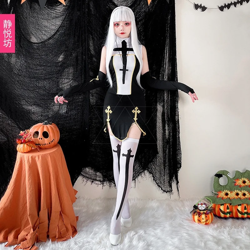 loween Easter Nun Cosplay Costume Stage Performance Suit Cross  Bla Outfit Women's Traditional Ethnic Stage Costume